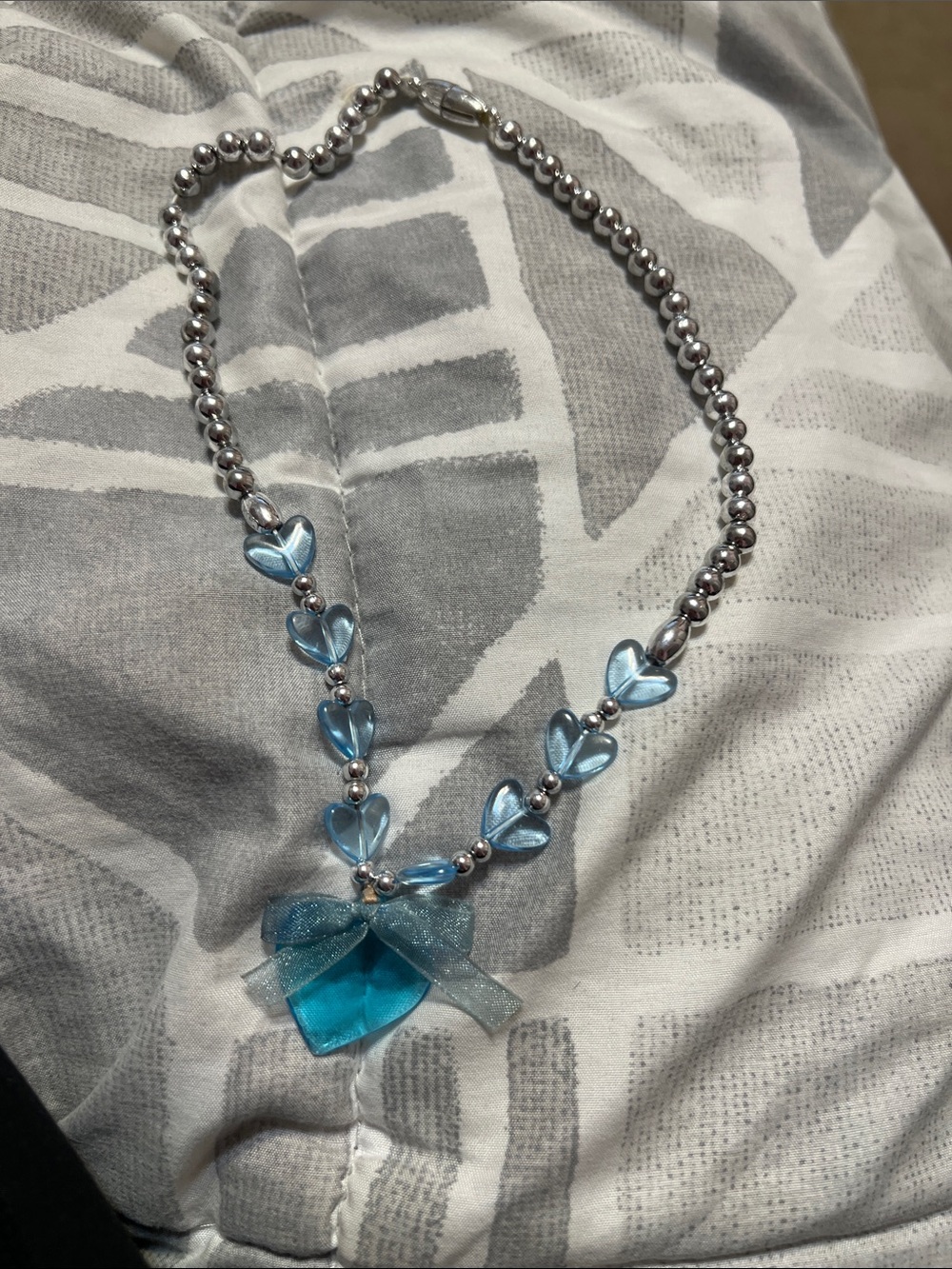 Girls Silver Bead Necklace with Blue Heart Charms and Bow